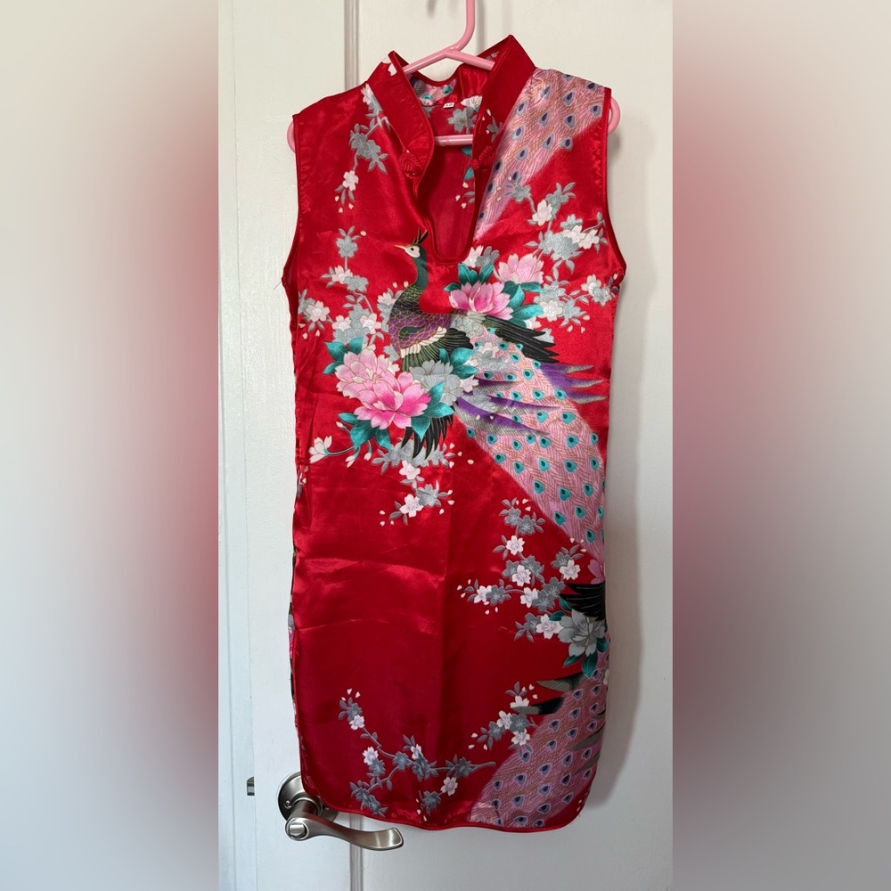 Girls Red Sleeveless Dress with Peacock and Floral Design